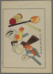 Juguetes japoneses, de Unai no tomo (Amigos de un niño) por Shimizu Seifu, 1891-1923. Pájaros y sonajeros.